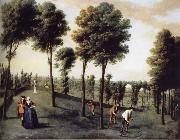 Hartwell House,North west area of the gardens with two bastions and men Scything unknow artist